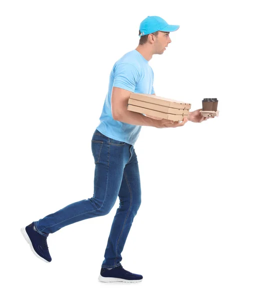 Běžící Muž Doručení Krabic Pizzu Šálků Kávy Bílém Pozadí — Stock fotografie