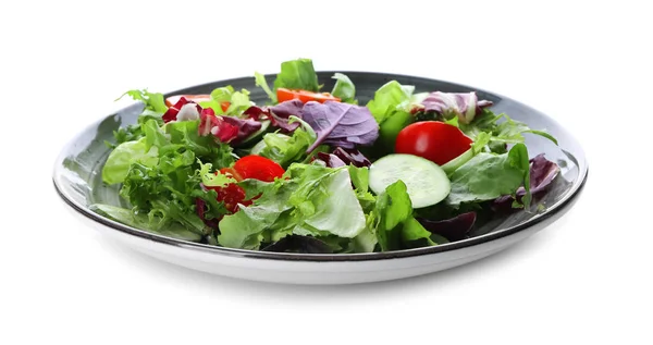 Placa Con Ensalada Verduras Frescas Sobre Fondo Blanco — Foto de Stock