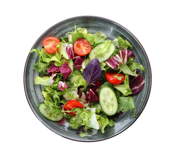Teller Mit Frischem Gemüsesalat Auf Weißem Hintergrund — Stockfoto