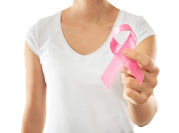 Woman Holding Pink Ribbon White Background Closeup Breast Cancer Awareness — Stock Photo, Image