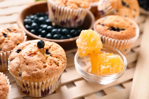 Tasty Blueberry Muffins Honey Table — Stock Photo, Image