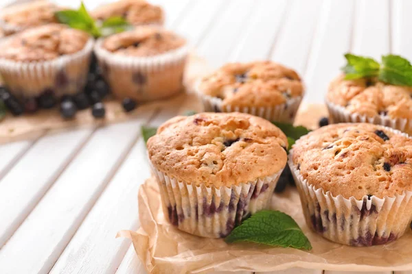 Tasty Blueberry Muffins White Wooden Table — Stock Photo, Image