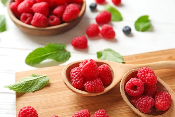 Spoons Fresh Ripe Raspberries Wooden Board — Stock Photo, Image