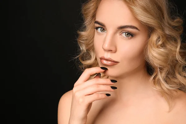 Beautiful Young Woman Professional Manicure Black Background — Stock Photo, Image
