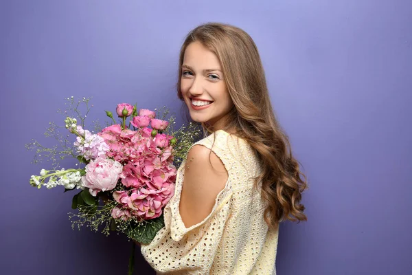 Young Woman Beautiful Flowers Color Background — Stock Photo, Image