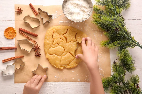 Child Preparing Christmas Cookies Table Top View — Stock Photo, Image