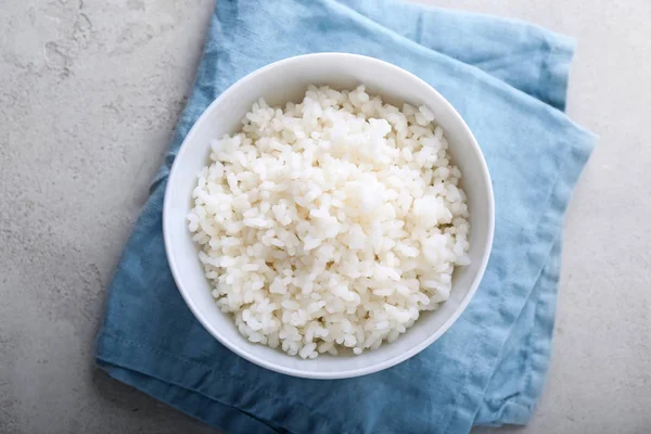 Bowl Boiled White Rice Grey Textured Background — Stock Photo, Image