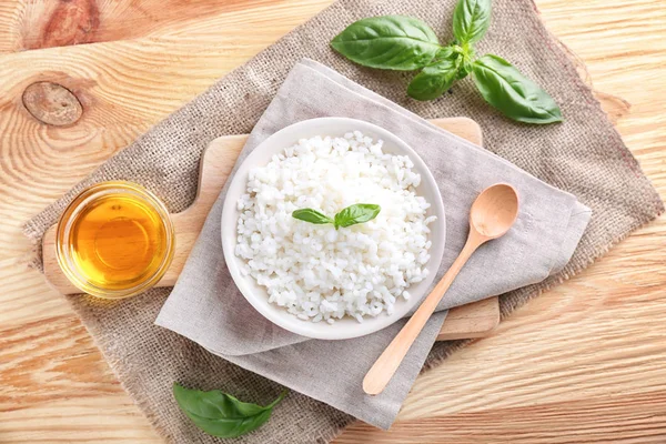 Bowl Boiled White Rice Wooden Table — Stock Photo, Image