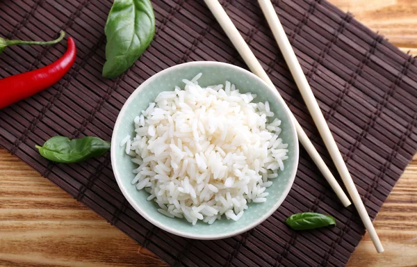 Bowl Boiled White Rice Wooden Table — Stock Photo, Image