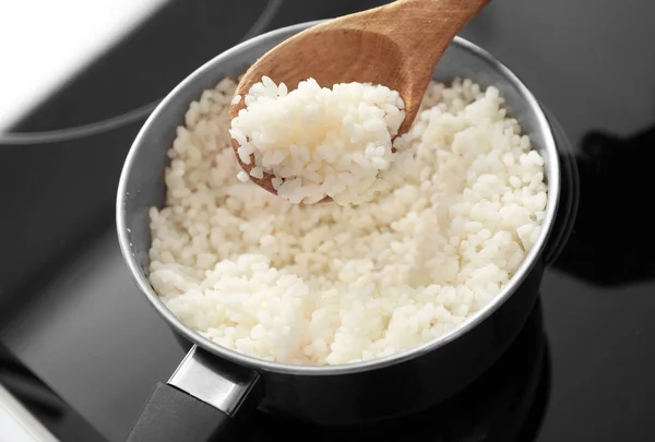 Spoon Boiled Rice Saucepan Stove Closeup — Stock Photo, Image