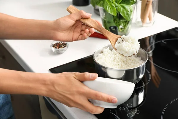 Woman Putting Boiled Rice Bowl Kitchen Closeup — Stock Photo, Image