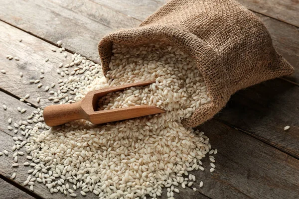 Sack Scoop Raw Rice Wooden Table — Stock Photo, Image