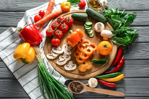 Various Fresh Vegetables Herbs Spices Preparing Salad Wooden Table — Stock Photo, Image