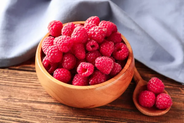 Bowl Spoon Fresh Ripe Raspberries Wooden Table — Stock Photo, Image