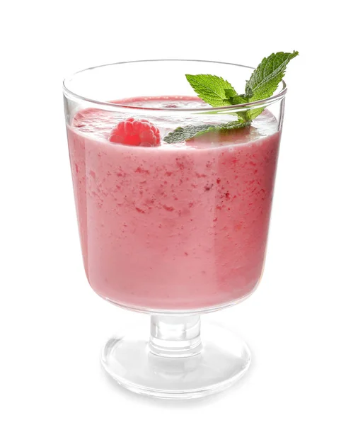 Glas Met Lekkere Frambozen Smoothie Witte Achtergrond — Stockfoto