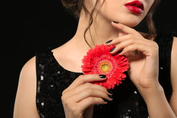 Beautiful Young Woman Professional Manicure Flower Black Background Closeup — Stock Photo, Image