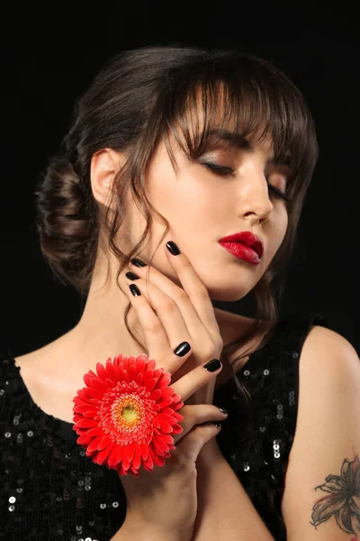 Beautiful Young Woman Professional Manicure Flower Black Background — Stock Photo, Image