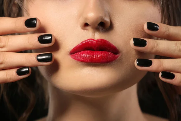 Beautiful Young Woman Professional Manicure Black Background Closeup — Stock Photo, Image