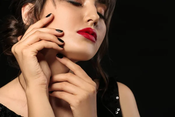 Beautiful Young Woman Professional Manicure Black Background — Stock Photo, Image