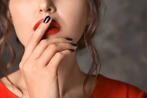 Beautiful Young Woman Professional Manicure Dark Grey Background Closeup — Stock Photo, Image