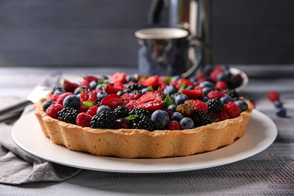 Placă Plăcintă Delicioasă Fructe Masă — Fotografie, imagine de stoc