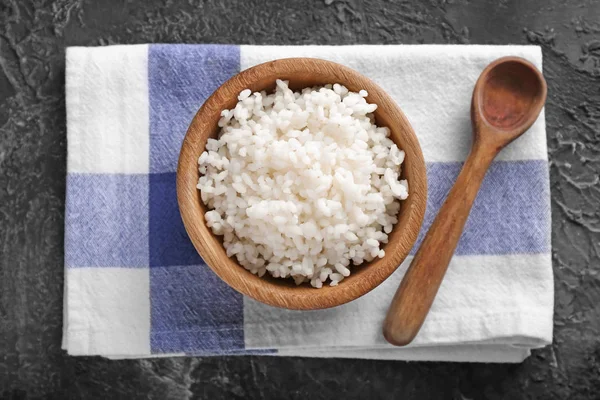 Bowl Boiled White Rice Grey Textured Background — Stock Photo, Image