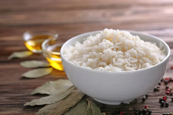 Bowl Boiled White Rice Wooden Table — Stock Photo, Image