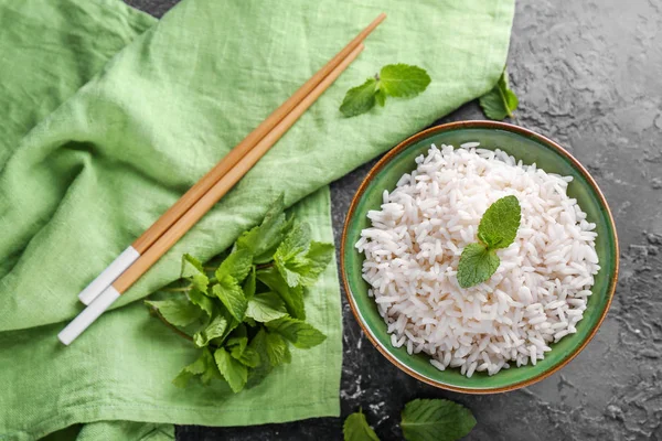 Bowl Boiled White Rice Fresh Mint Grey Textured Background — Stock Photo, Image