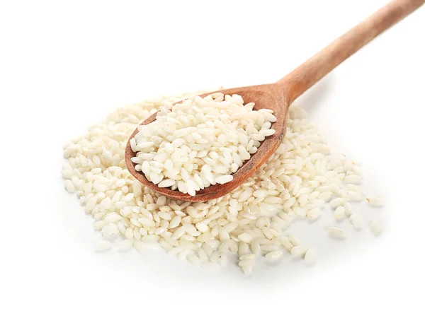 Wooden Spoon White Rice White Background — Stock Photo, Image