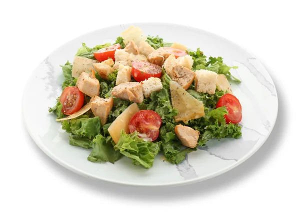 Plate Tasty Caesar Salad White Background — Stock Photo, Image