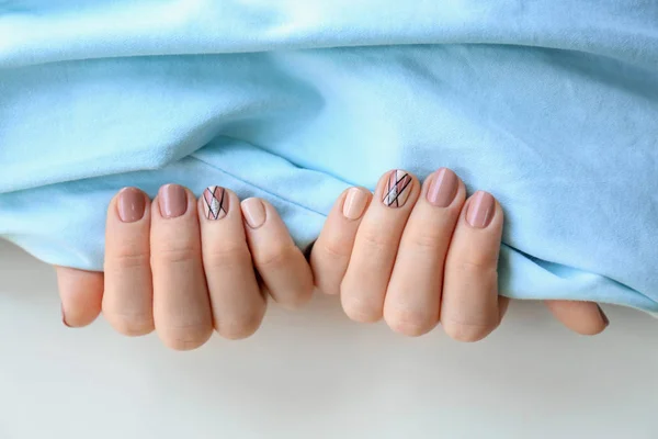 Hands Beautiful Young Woman Professional Manicure Holding Fabric — Stock Photo, Image