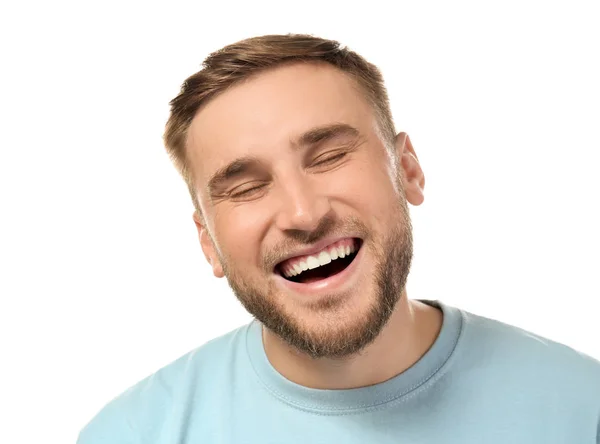 Hombre Guapo Con Hermosa Sonrisa Sobre Fondo Blanco — Foto de Stock