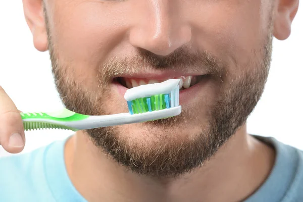 Young Man Toothbrush White Background Closeup — Stock Photo, Image