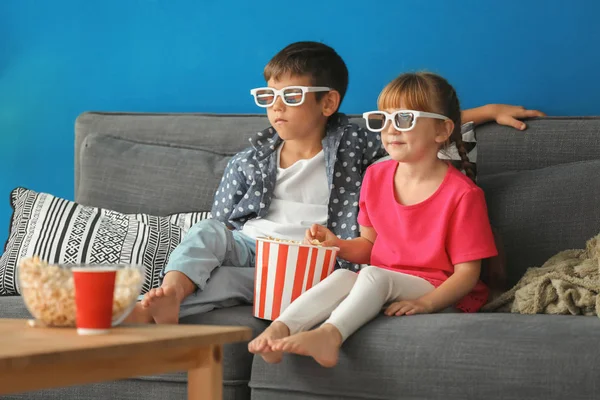 Cute Children Glasses Watching Movie Sofa Home — Stock Photo, Image