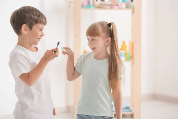 Cute Little Children Brushing Teeth Bathroom — Stock Photo, Image