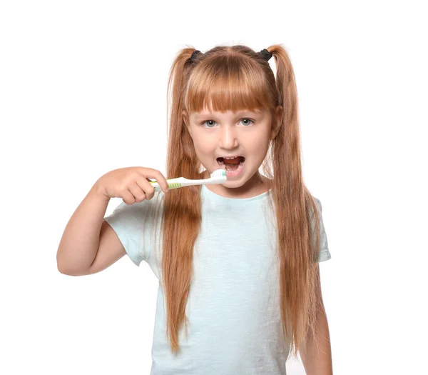 Cute Little Girl Toothbrush White Background — Stock Photo, Image