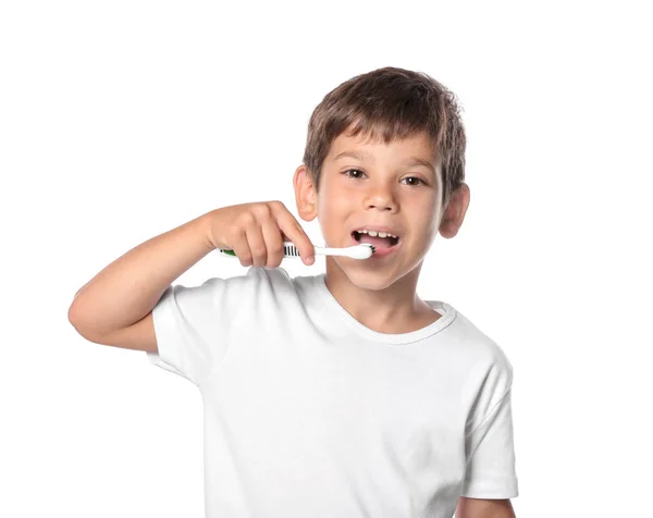 Söt Liten Pojke Tandborstning Vit Bakgrund — Stockfoto