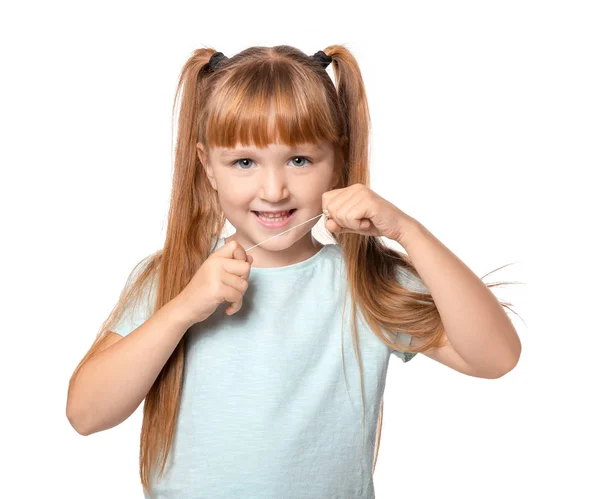 Ładna Dziewczynka Nicią Dentystyczną Zęby Białym Tle — Zdjęcie stockowe
