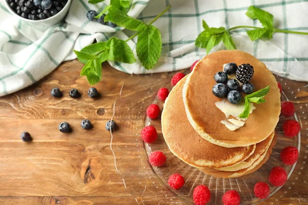 Plate Tasty Pancakes Berries Wooden Table — Stock Photo, Image