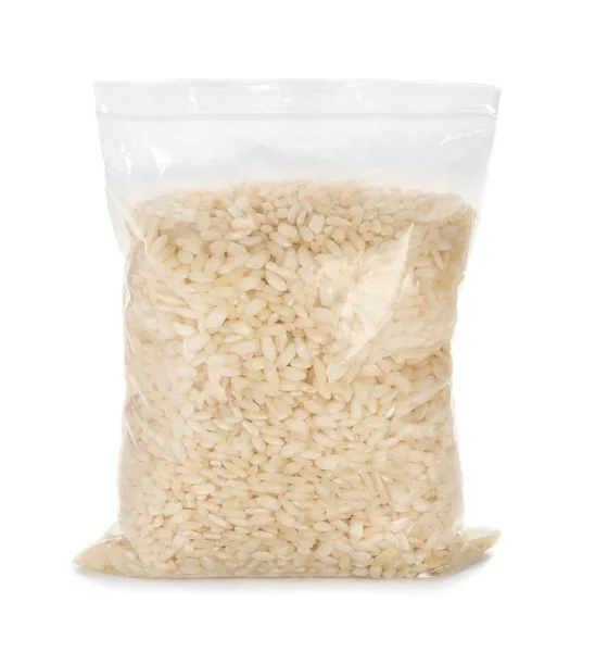 Zipper Bag Raw Rice White Background — Stock Photo, Image