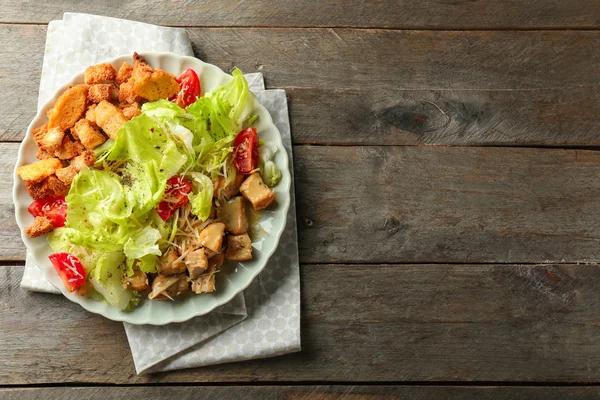 Plate Tasty Caesar Salad Wooden Table — Stock Photo, Image