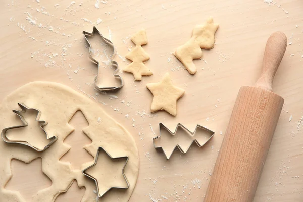 Pasta Rotolata Biscotti Natale Taglierine Tavola Legno — Foto Stock