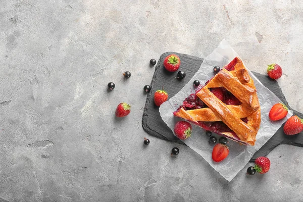 Piece Tasty Pie Berries Slate Plate — Stock Photo, Image