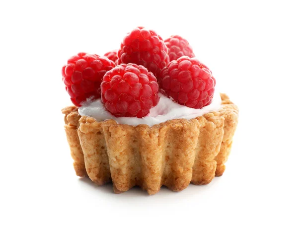 Tasty Tartlet Raspberries White Background — Stock Photo, Image