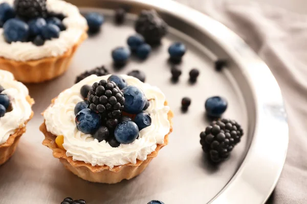 Tasty Tartlets Whipped Cream Blueberries Plate Closeup — Stock Photo, Image