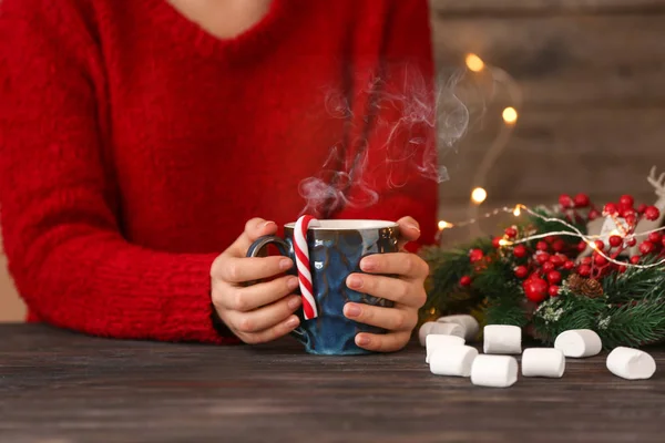 Woman Cup Delicious Hot Cocoa Sitting Table — Stock Photo, Image