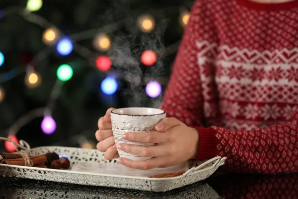 Woman Holding Cup Delicious Hot Cocoa Blurred Christmas Lights — Stock Photo, Image