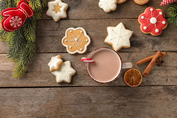 Cup Hot Cocoa Christmas Cookies Wooden Table — Stock Photo, Image