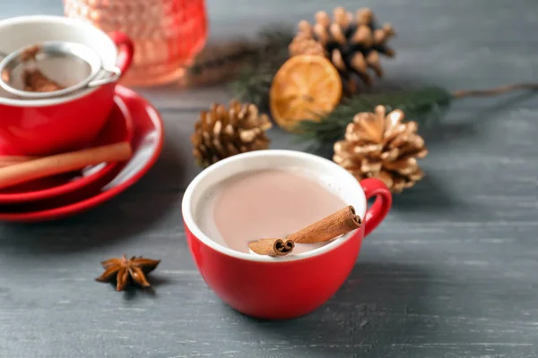 Cup Hot Cocoa Cinnamon Sticks Wooden Table — Stock Photo, Image