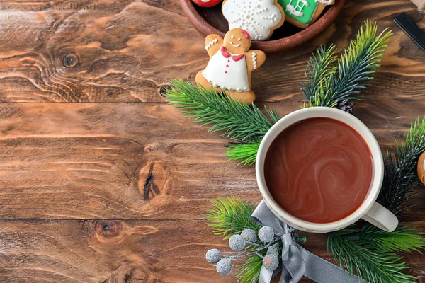 Cup Hot Cocoa Fir Tree Branches Cookies Wooden Table — Stock Photo, Image